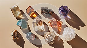 Top view of semi-precious stones, stones and minerals, quartz. Light background. Geological concept. Generative AI