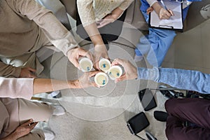 Top view of Seniors people holding pill or vitamin supplement in elderly health care center , concept of old people health care ,