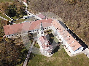 Top view on Serb Orthodox monastery Mesic situated in the Banat region, in the province of Vojvodina, Serbia