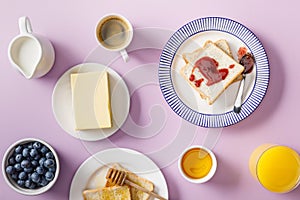 Top view of served breakfast on