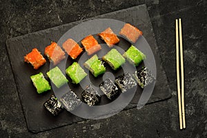 Top view set of assorted japanese sushi food