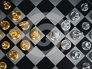 Top view of set of golden and silver chess pieces element.