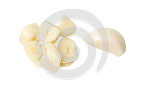 Top view set of peeled garlic cloves and slices or pieces in stack isolated on white background with clipping path