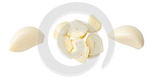 Top view set of peeled garlic cloves and slices or pieces in stack isolated on white background with clipping path