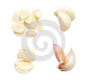 Top view set of peeled garlic cloves with slices or pieces in stack isolated on white background with clipping path