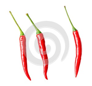 Top view set of red chili peppers or cayenne pepper isolated on white background with clipping path
