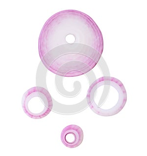 Top view set of red or purple onion rings or slices isolated on white background with clipping path