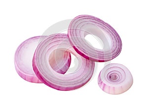 Top view set of red or purple onion rings or slices in stack isolated on white background with clipping path