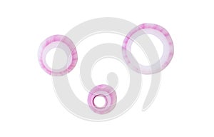 Top view set of red or purple onion slices or onion rings scattered isolated on white background with clipping path