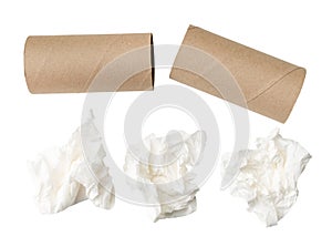 Top view set of screwed or crumpled tissue paper balls with cores after use in toilet or restroom isolated on white background photo