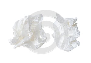 Top view set of screwed or crumpled tissue paper balls after use in toilet or restroom isolated on white background with clipping