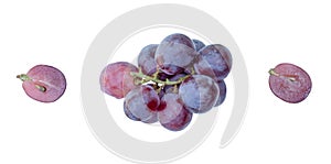 Top view set of a small bunch of red or violet grape with halves isolated on white background with clipping path