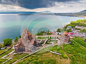 Top View Sevanavank Monastery dramatic sky at sunset