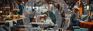 Top view of a sewing workshop with seamstresses and sewing machines, people sewing clothes, banner