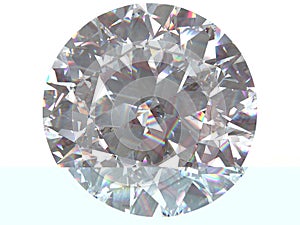 Top view of a shiny diamond in isolated white background. 3d rendering model