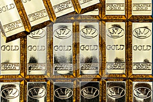 Top view of shiny gold bars stacked up in rows. Gold Bars 1000 grams. Concept of success in business and finance