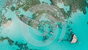 Top view of a shipwreck in the Indian Ocean near the shore of Dar es Salaam, Tanzania