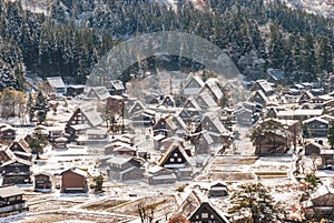 Top view of Shirakawa-go village, Japan with snow covering
