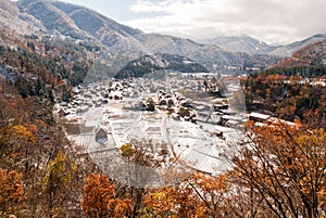 Top view of Shirakawa-go village, Japan with snow covering and a