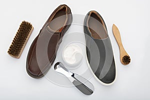 Top View of Shoe Polishing Cream And Brushes