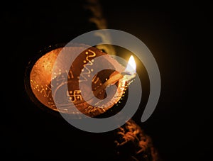 Top view shot of clay oil lamp, Diya used for decoration on the ocassion of diwali festival in india