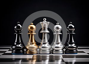 top view shot of golden king surrounded with silver chess pieces on chess board game competition with dark background