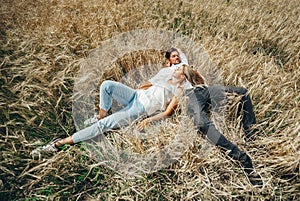 Top view shot of happy caucasian couple in love outdoors