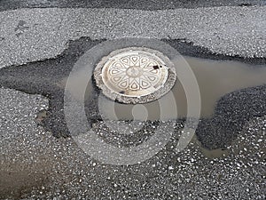 Top view shot of round street drainage with stocked dirty rainwater