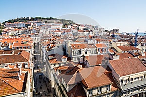 Top view shot of a street in Lisbon from the lift of Santa Justa, Portugal