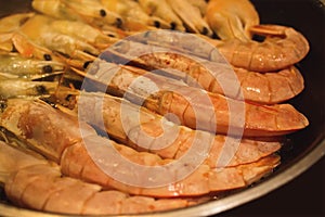 Top view of shrimps on dark surface. Seafood, shelfish. Close up on cooked shrimp