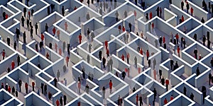 Top view of the silhouettes of human figures in the labyrinths of an office building. Generative AI, Generative, AI