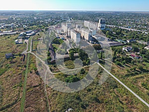 Top view of a silo elevator. Aerophotographing industrial object.