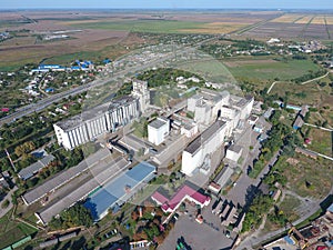 Top view of a silo elevator. Aerophotographing industrial object.