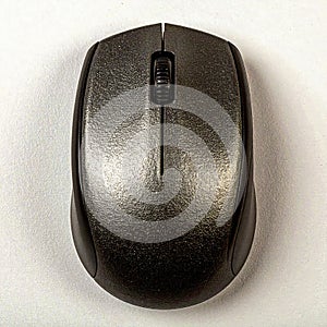 Top view of a silver chrome computer mouse, white background. Generated image