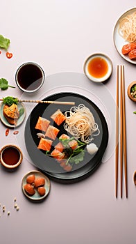 Top view of a simple Asian meal ramen dumplings and sushi illustrating diverse flavors photo