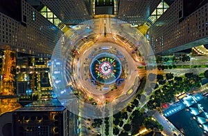 Top view of the Singapore landmark financial business district with skyscraper. Fountain of Wealth at Suntec city in Singapore at