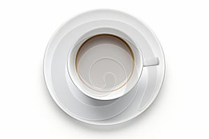Top view of a single cup of delicious coffee in a ceramic mug, isolated on a clean white background