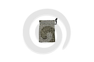 Top view of single empty fabric cotton small bag (gray burlap pouch) isolated on white background. Copy space for text.