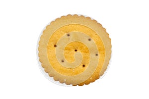 Top view of single round cracker on white background