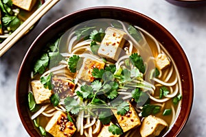 Top view of a single serving of vegetarian pho with tofu in a small bowl, elegantly presented with a side of hoisin
