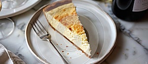 Top view of a slice of cheesecake on a white plate