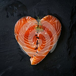 Top view of a slice of heart shaped salmon fillet isolated on dark background