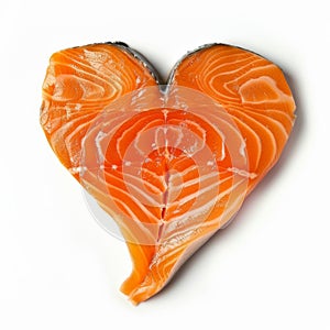 Top view of a slice of heart shaped salmon fillet isolated on white background