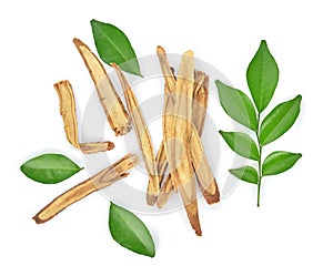 Top view of Slice Licorice roots on white background