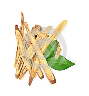 Top view of Slice Licorice roots on white background