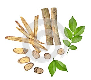 Top view of Slice Licorice roots on white background