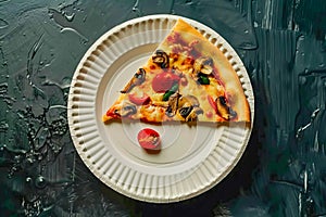 Top view of a slice of pizza with mushrooms on a paper plate. AI generated.