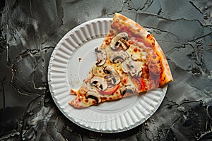 Top view of a slice of pizza with mushrooms on a paper plate. AI generated.