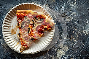 Top view of a slice of pizza with mushrooms on a paper plate. AI generated.