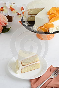 Top view slice of vanilla cake on a plate